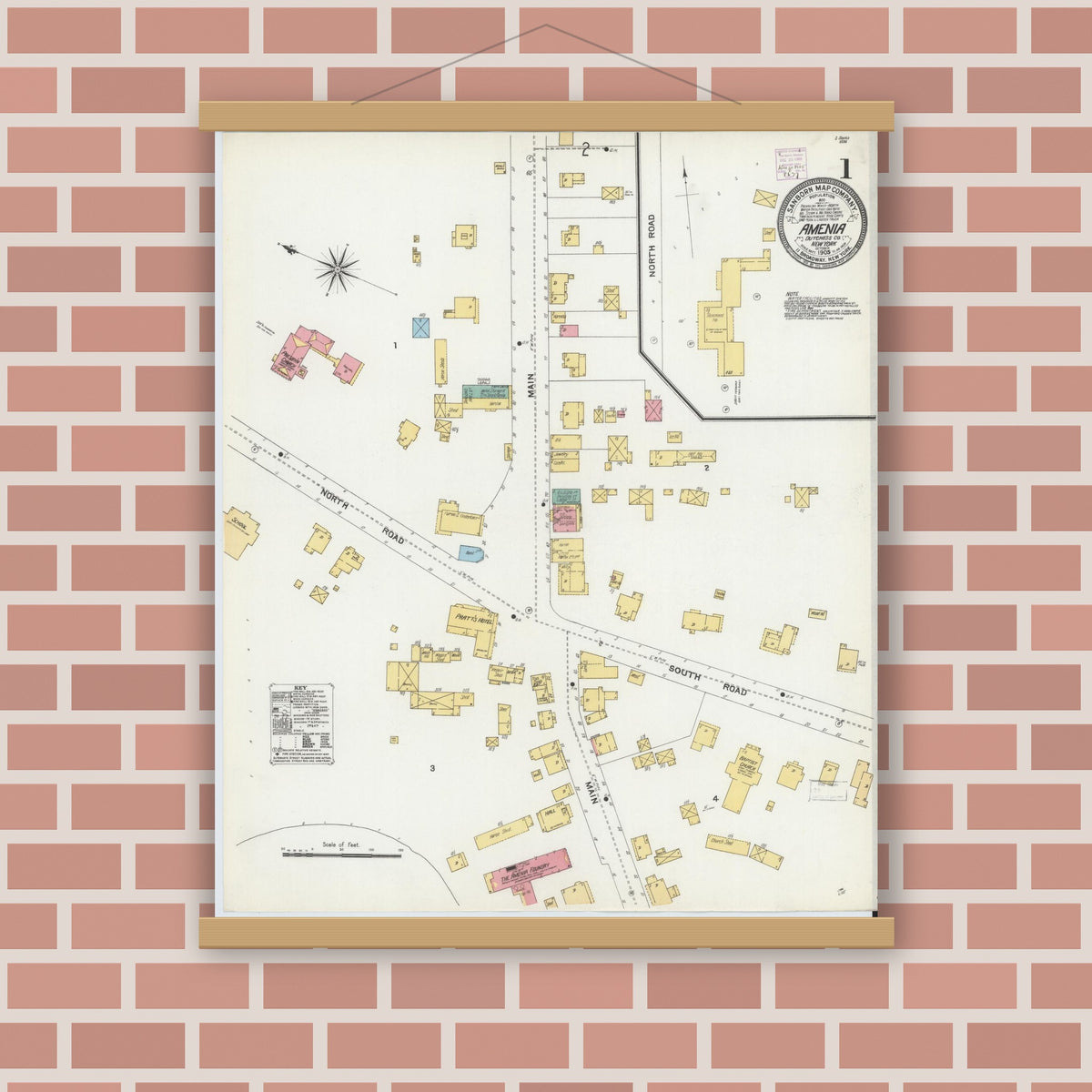 Old map wall art mockup — magnetic wood frame on brick wall — Sanborn Fire Insurance Map from Amenia, Dutchess County, New York (1905) - Complete Map Set