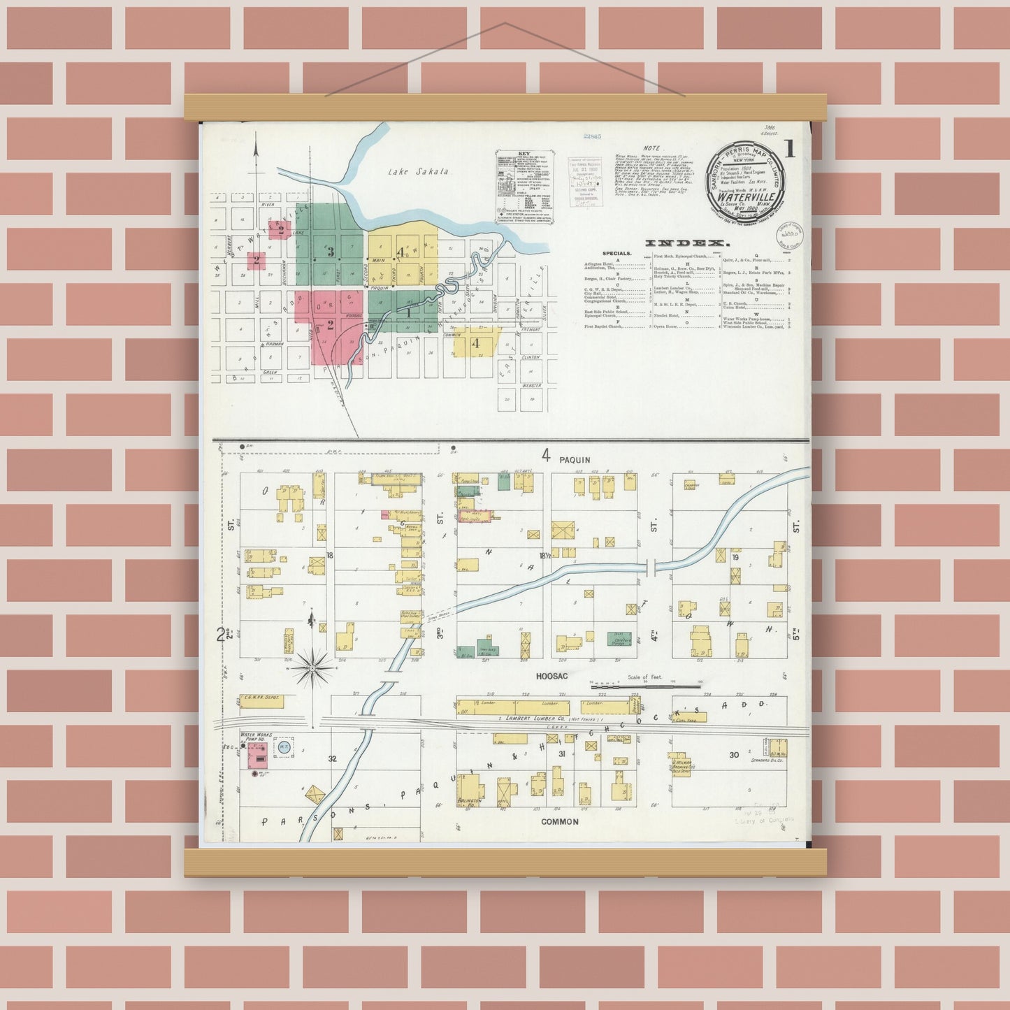 Old map wall art mockup — magnetic wood frame on brick wall — Sanborn Fire Insurance Map from Waterville, Le Sueur County, Minnesota (1900) - Complete Map Set