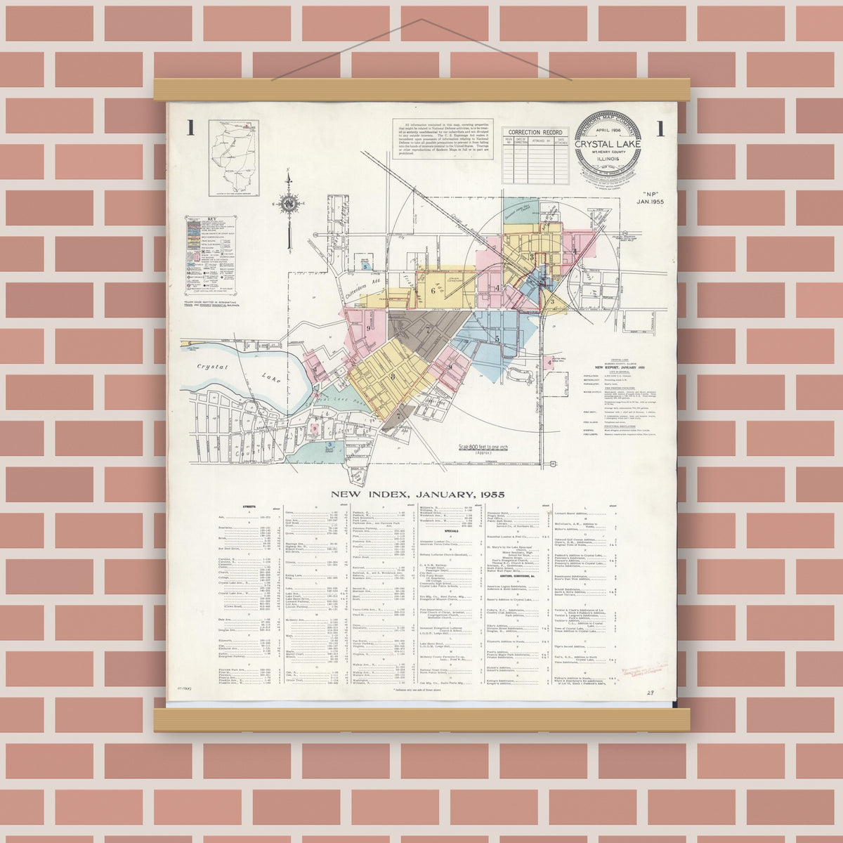 Old map wall art mockup — magnetic wood frame on brick wall — Sanborn Fire Insurance Map from Crystal Lake, McHenry County, Illinois (1955) - Complete Map Set