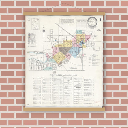 Old map wall art mockup — magnetic wood frame on brick wall — Sanborn Fire Insurance Map from Crystal Lake, McHenry County, Illinois (1955) - Complete Map Set
