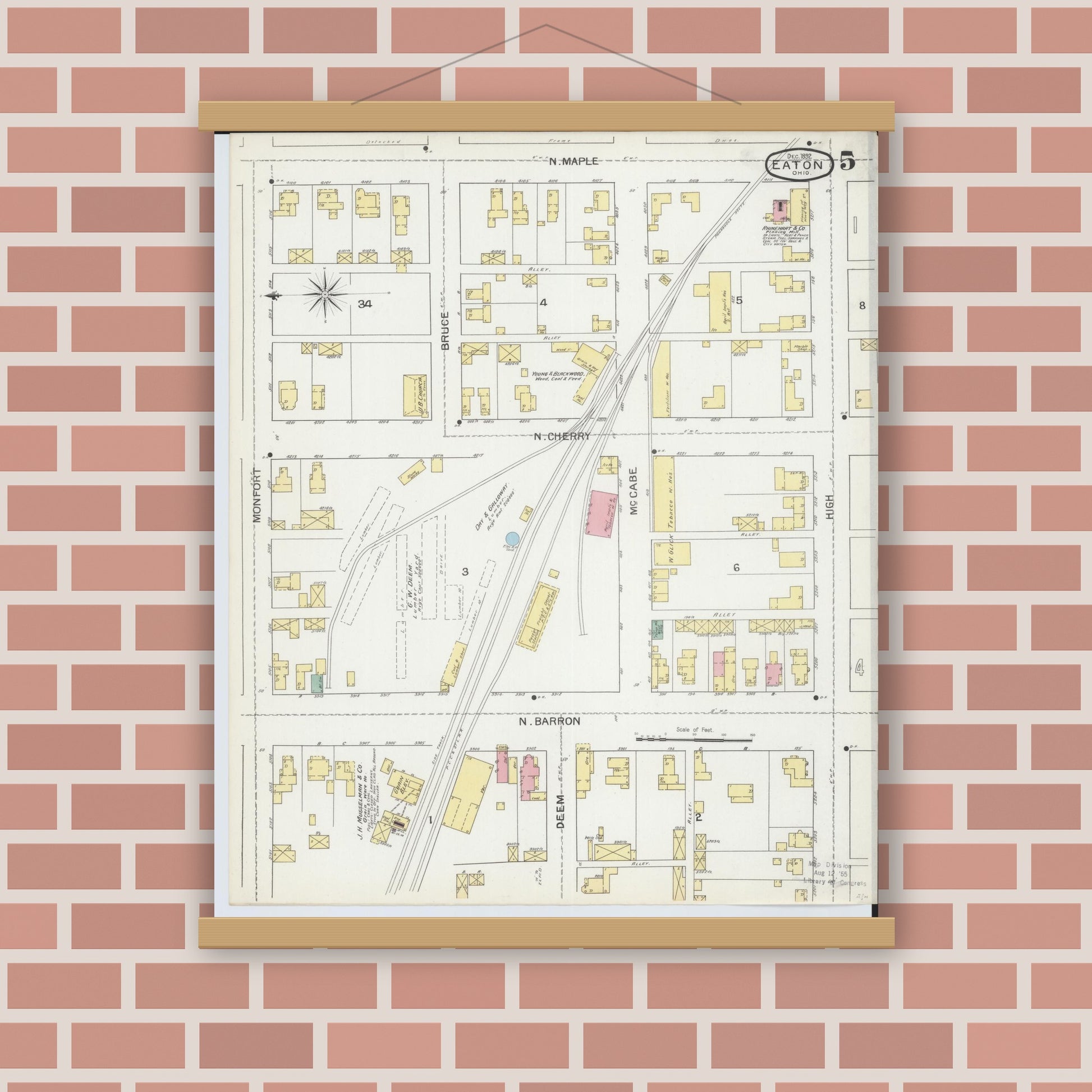Old map wall art mockup — magnetic wood frame on brick wall — Sanborn Fire Insurance Map from Eaton, Preble County, Ohio (1892), Sheet #0005