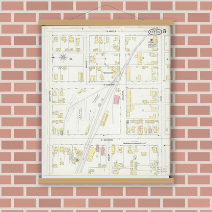 Old map wall art mockup — magnetic wood frame on brick wall — Sanborn Fire Insurance Map from Eaton, Preble County, Ohio (1892), Sheet #0005
