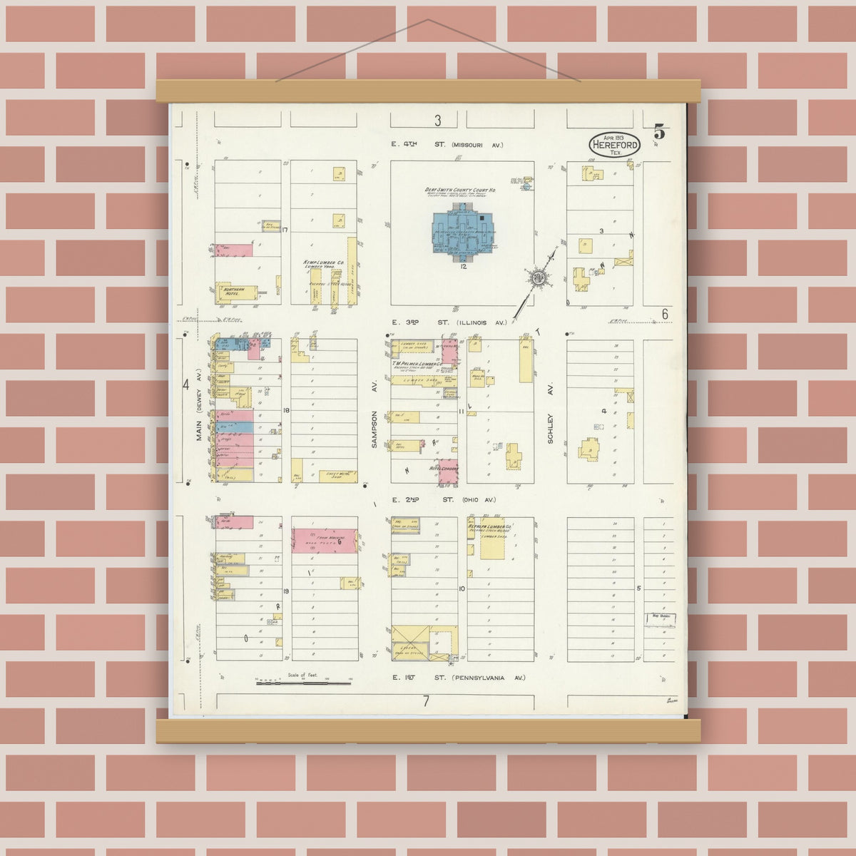 Old map wall art mockup — magnetic wood frame on brick wall — Sanborn Fire Insurance Map from Hereford, Deaf Smith County, Texas (1913), Sheet #0005