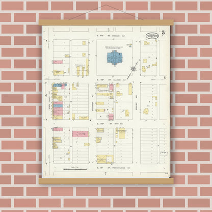 Old map wall art mockup — magnetic wood frame on brick wall — Sanborn Fire Insurance Map from Hereford, Deaf Smith County, Texas (1913), Sheet #0005