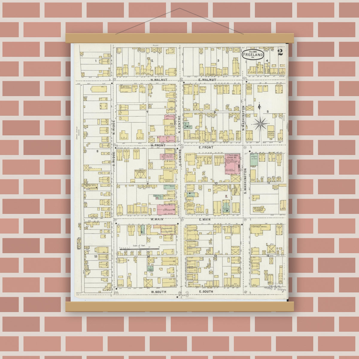 Old map wall art mockup — magnetic wood frame on brick wall — Sanborn Fire Insurance Map from Freeland, Luzerne County, Pennsylvania (1895), Sheet #0002