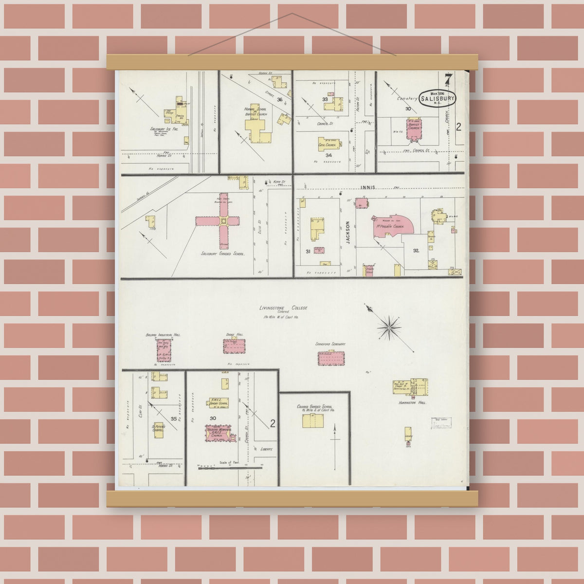 Old map wall art mockup — magnetic wood frame on brick wall — Sanborn Fire Insurance Map from Salisbury, Rowan County, North Carolina (1896), Sheet #0007