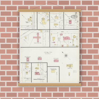 Old map wall art mockup — magnetic wood frame on brick wall — Sanborn Fire Insurance Map from Salisbury, Rowan County, North Carolina (1896), Sheet #0007