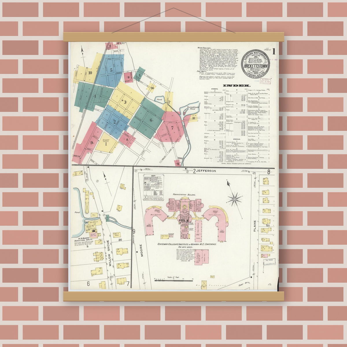 Old map wall art mockup — magnetic wood frame on brick wall — Sanborn Fire Insurance Map from Hackettstown, Warren County, New Jersey (1909) - Complete Map Set