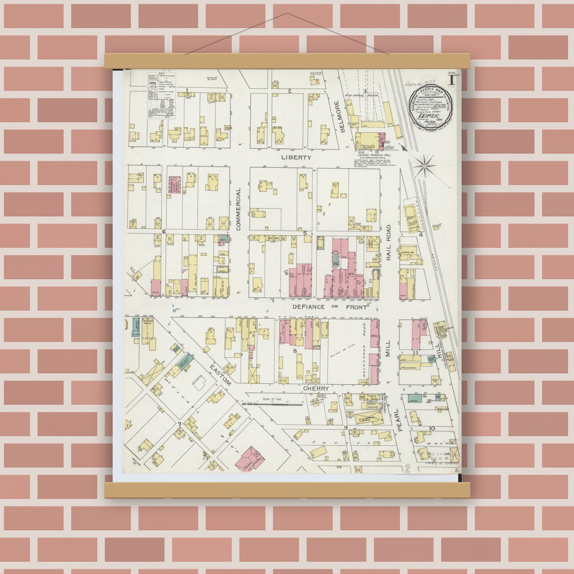Old map wall art mockup — magnetic wood frame on brick wall — Sanborn Fire Insurance Map from Leipsic, Putnam County, Ohio (1893), Sheet #0001