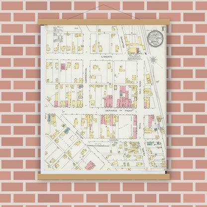 Old map wall art mockup — magnetic wood frame on brick wall — Sanborn Fire Insurance Map from Leipsic, Putnam County, Ohio (1893), Sheet #0001