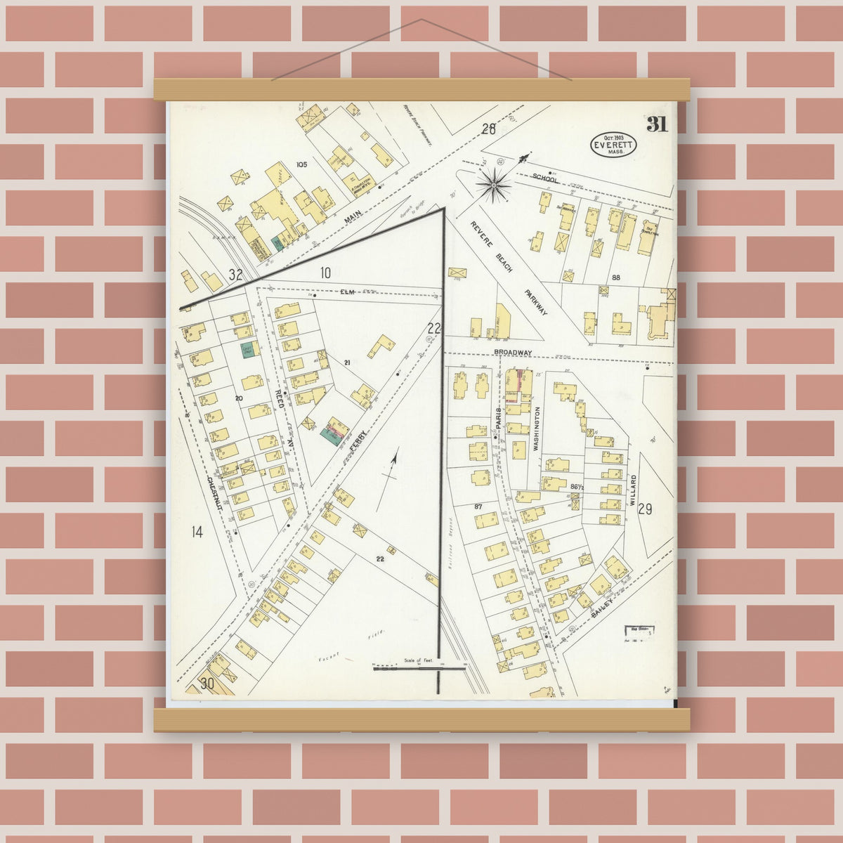 Old map wall art mockup — magnetic wood frame on brick wall — Sanborn Fire Insurance Map from Everett, Middlesex County, Massachusetts (1903), Sheet #0031