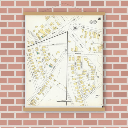 Old map wall art mockup — magnetic wood frame on brick wall — Sanborn Fire Insurance Map from Everett, Middlesex County, Massachusetts (1903), Sheet #0031