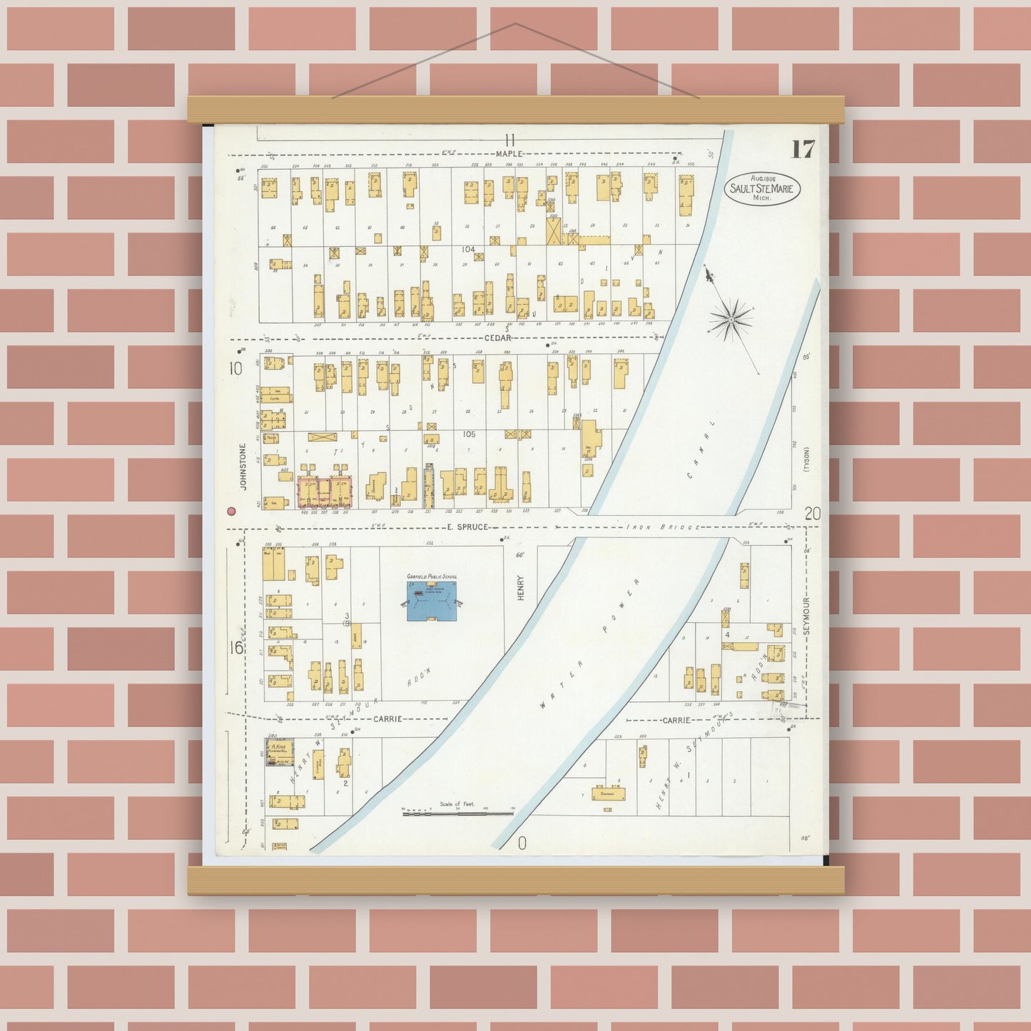 Old map wall art mockup — magnetic wood frame on brick wall — Sanborn Fire Insurance Map from Sault Sainte Marie, Chippewa County, Michigan (1906), Sheet #0017