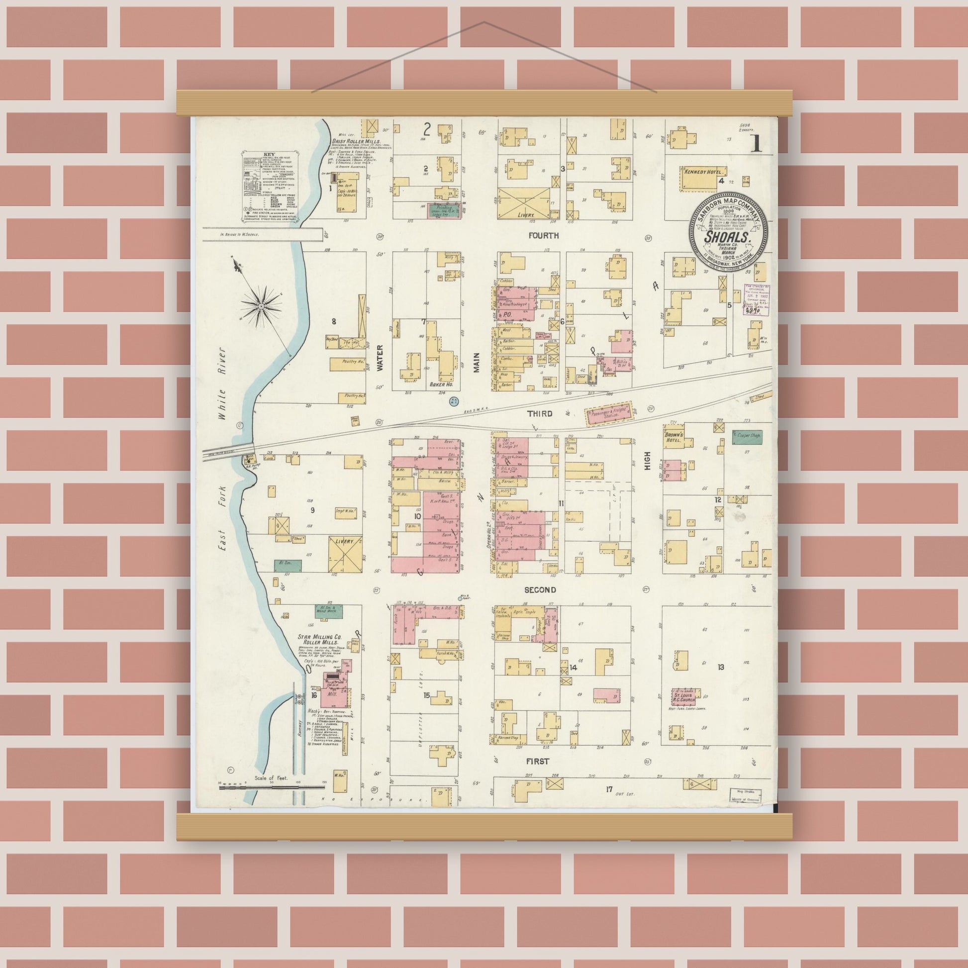 Old map wall art mockup — magnetic wood frame on brick wall — Sanborn Fire Insurance Map from Shoals, Martin County, Indiana (1902) - Complete Map Set