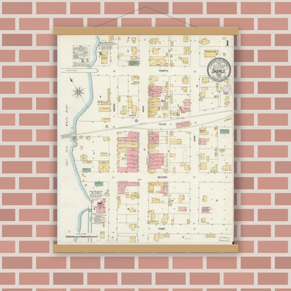 Old map wall art mockup — magnetic wood frame on brick wall — Sanborn Fire Insurance Map from Shoals, Martin County, Indiana (1902) - Complete Map Set