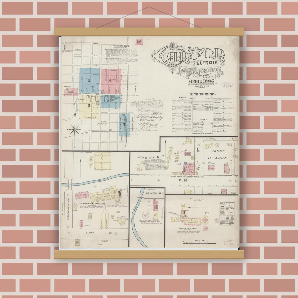 Old map wall art mockup — magnetic wood frame on brick wall — Sanborn Fire Insurance Map from Canton, Fulton County, Illinois (1886) - Complete Map Set