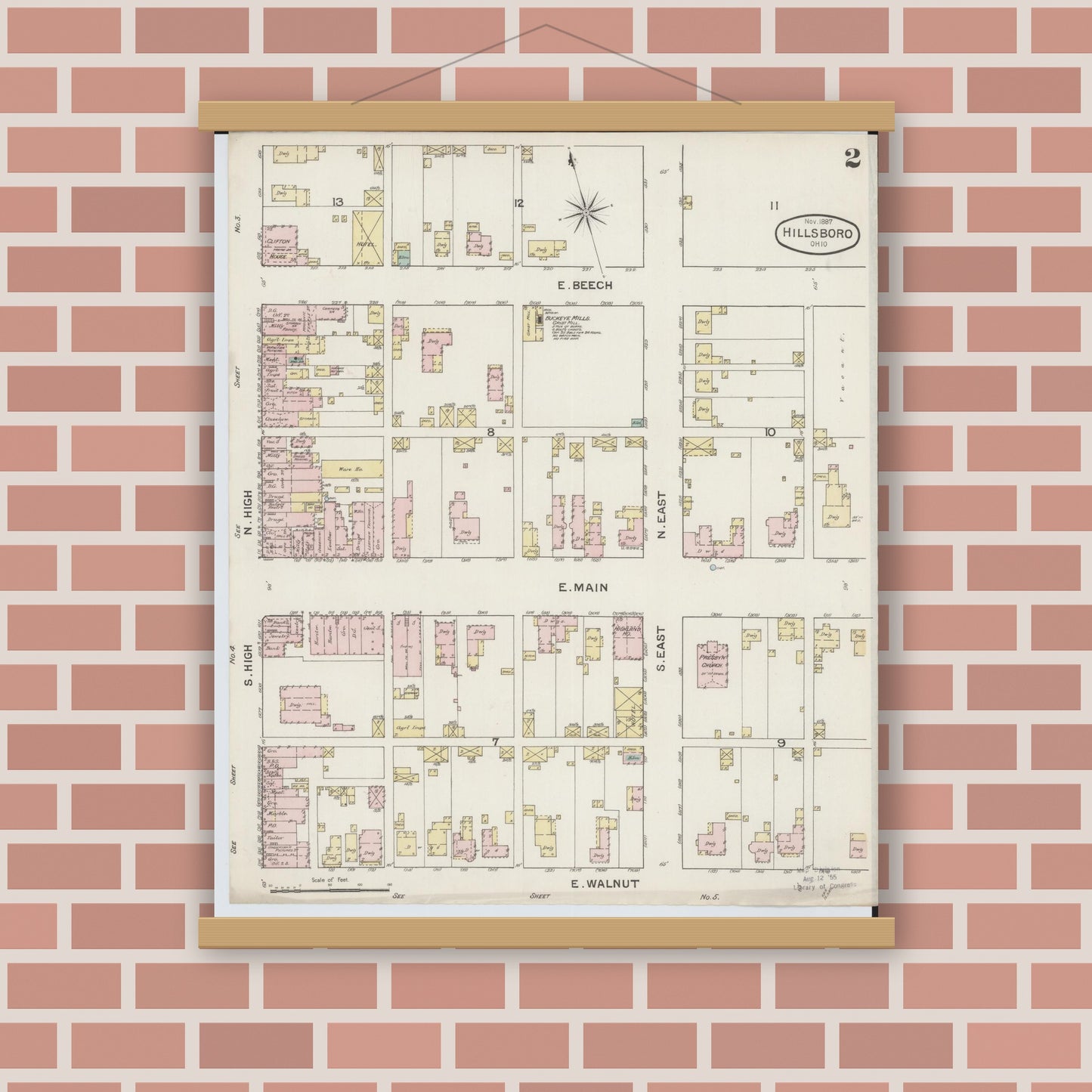 Old map wall art mockup — magnetic wood frame on brick wall — Sanborn Fire Insurance Map from Hillsboro, Highland County, Ohio (1887), Sheet #0002