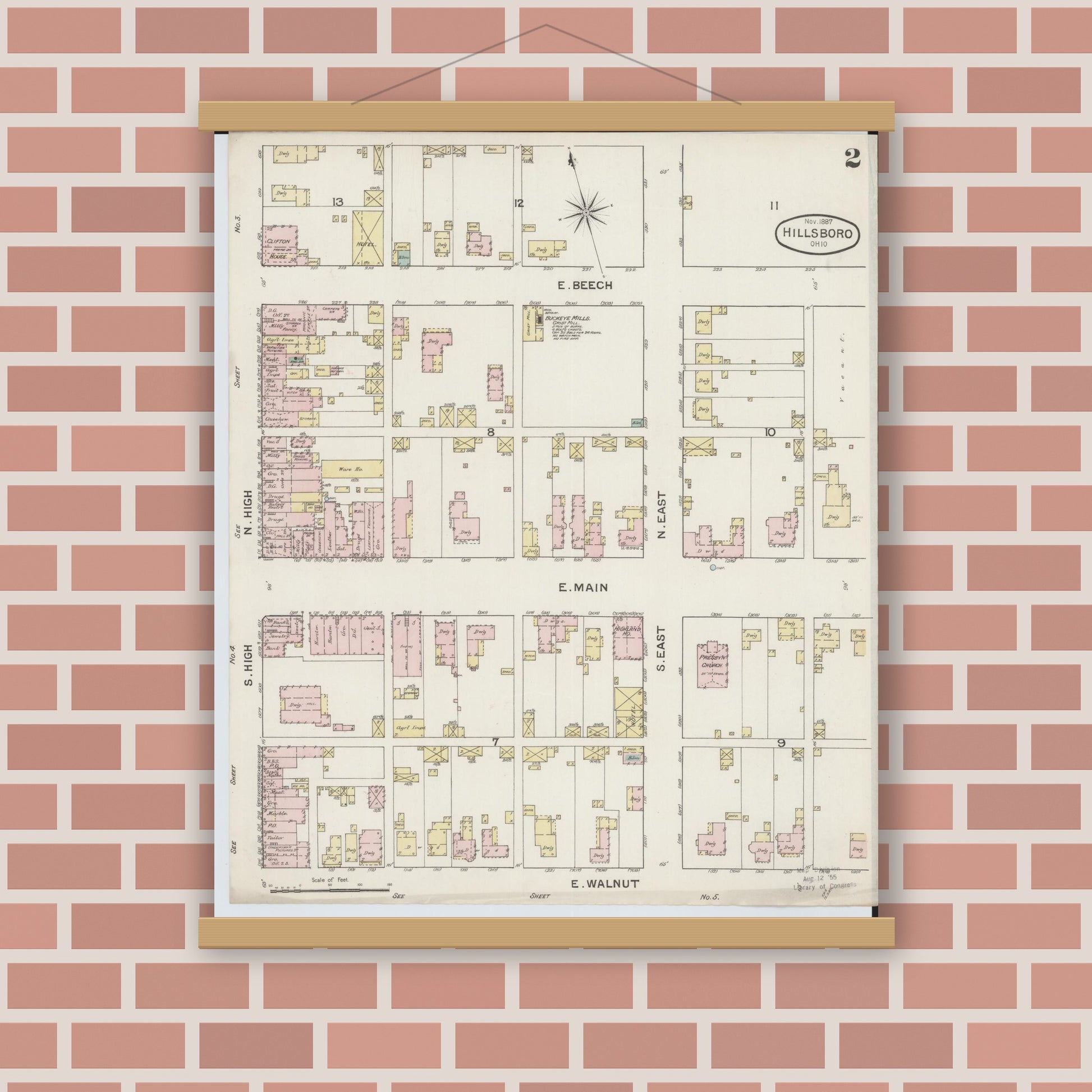 Old map wall art mockup — magnetic wood frame on brick wall — Sanborn Fire Insurance Map from Hillsboro, Highland County, Ohio (1887), Sheet #0002