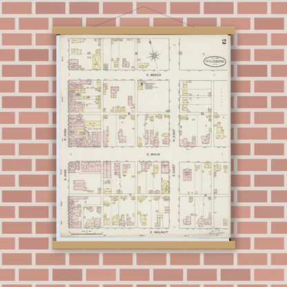 Old map wall art mockup — magnetic wood frame on brick wall — Sanborn Fire Insurance Map from Hillsboro, Highland County, Ohio (1887), Sheet #0002