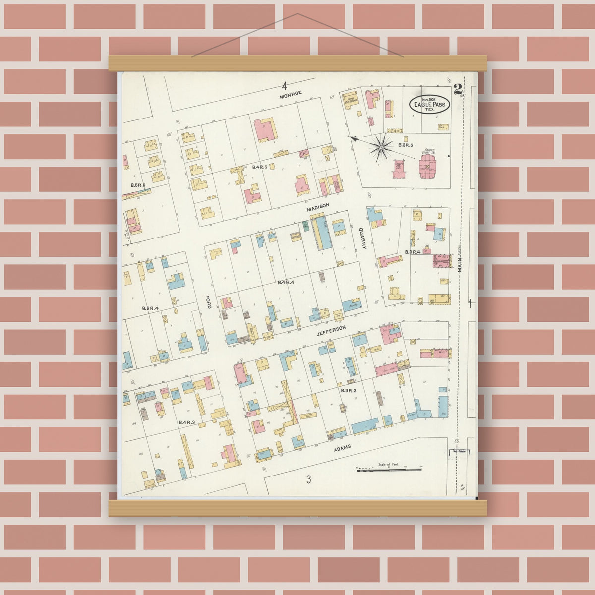 Old map wall art mockup — magnetic wood frame on brick wall — Sanborn Fire Insurance Map from Eagle Pass, Maverick County, Texas (1905), Sheet #0002
