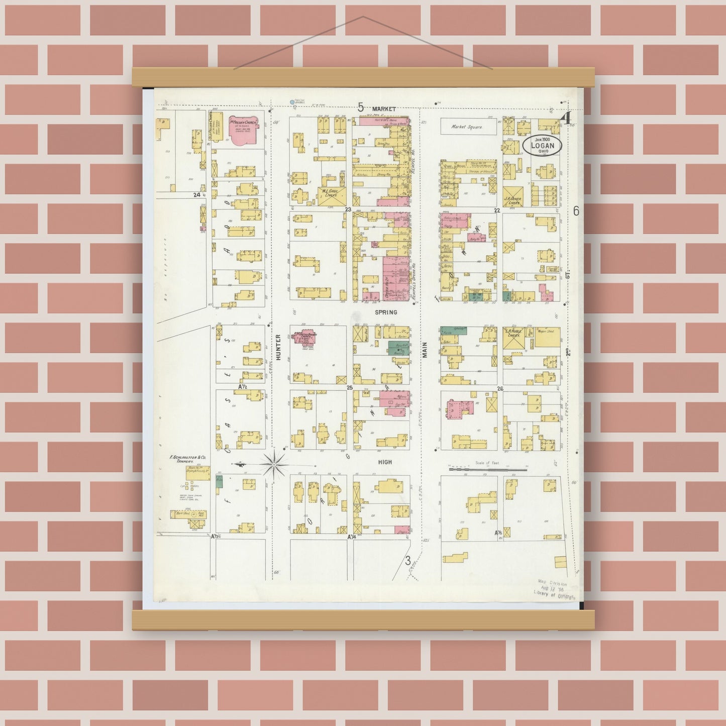 Old map wall art mockup — magnetic wood frame on brick wall — Sanborn Fire Insurance Map from Logan, Hocking County, Ohio (1900), Sheet #0004