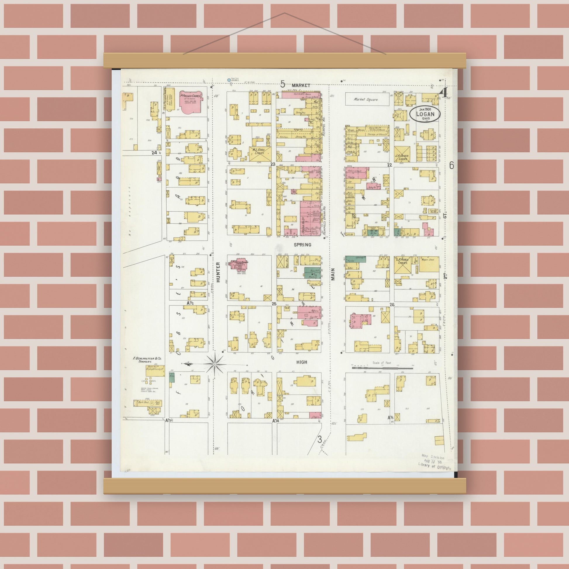 Old map wall art mockup — magnetic wood frame on brick wall — Sanborn Fire Insurance Map from Logan, Hocking County, Ohio (1900), Sheet #0004