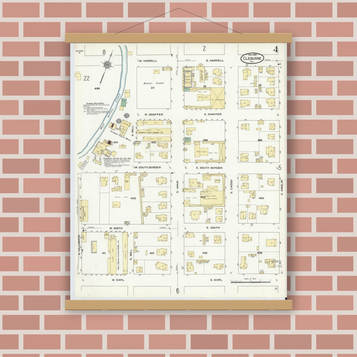 Old map wall art mockup — magnetic wood frame on brick wall — Sanborn Fire Insurance Map from Cleburne, Johnson County, Texas (1910), Sheet #0004