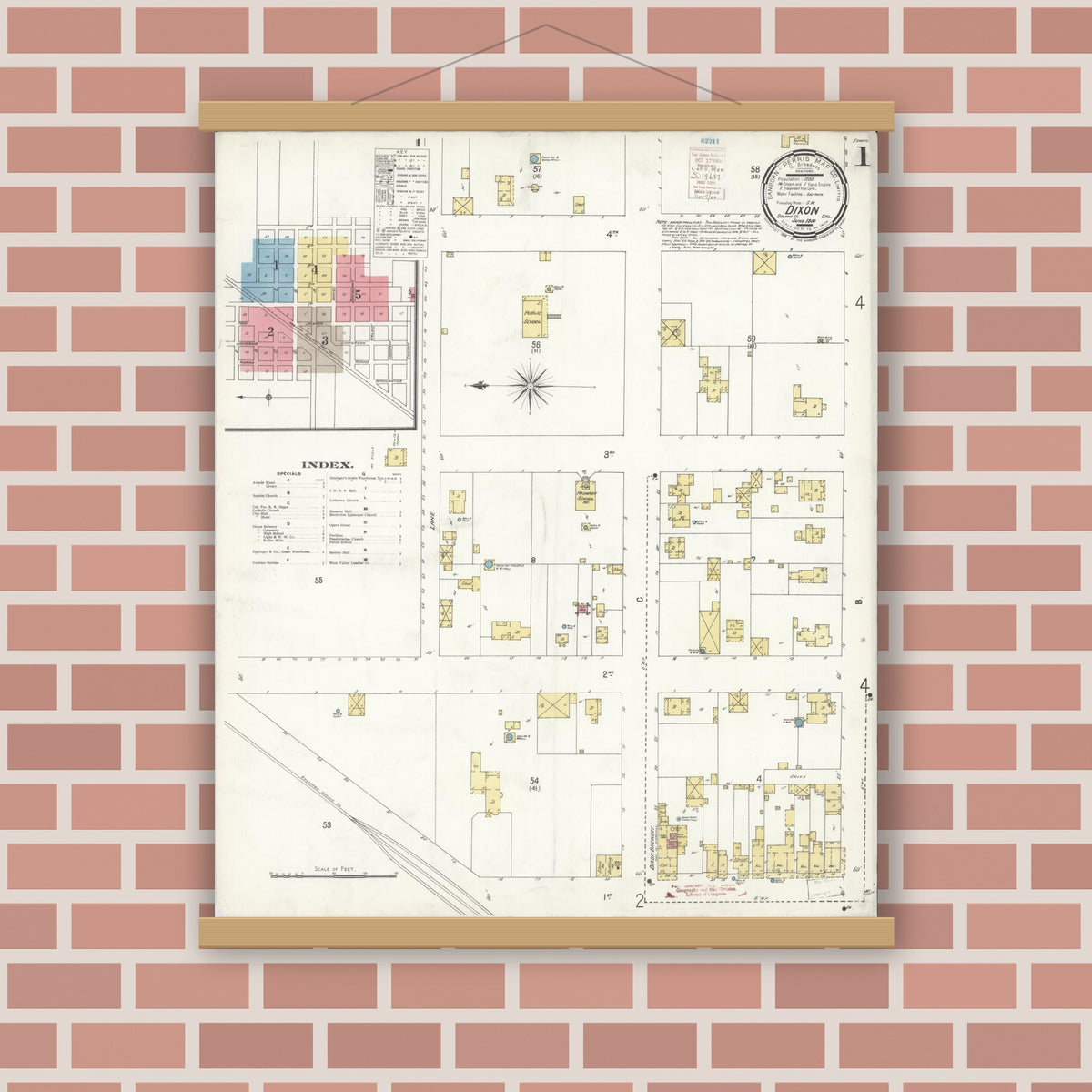 Old map wall art mockup — magnetic wood frame on brick wall — Sanborn Fire Insurance Map from Dixon, Solano County, California (1900), Sheet #0001