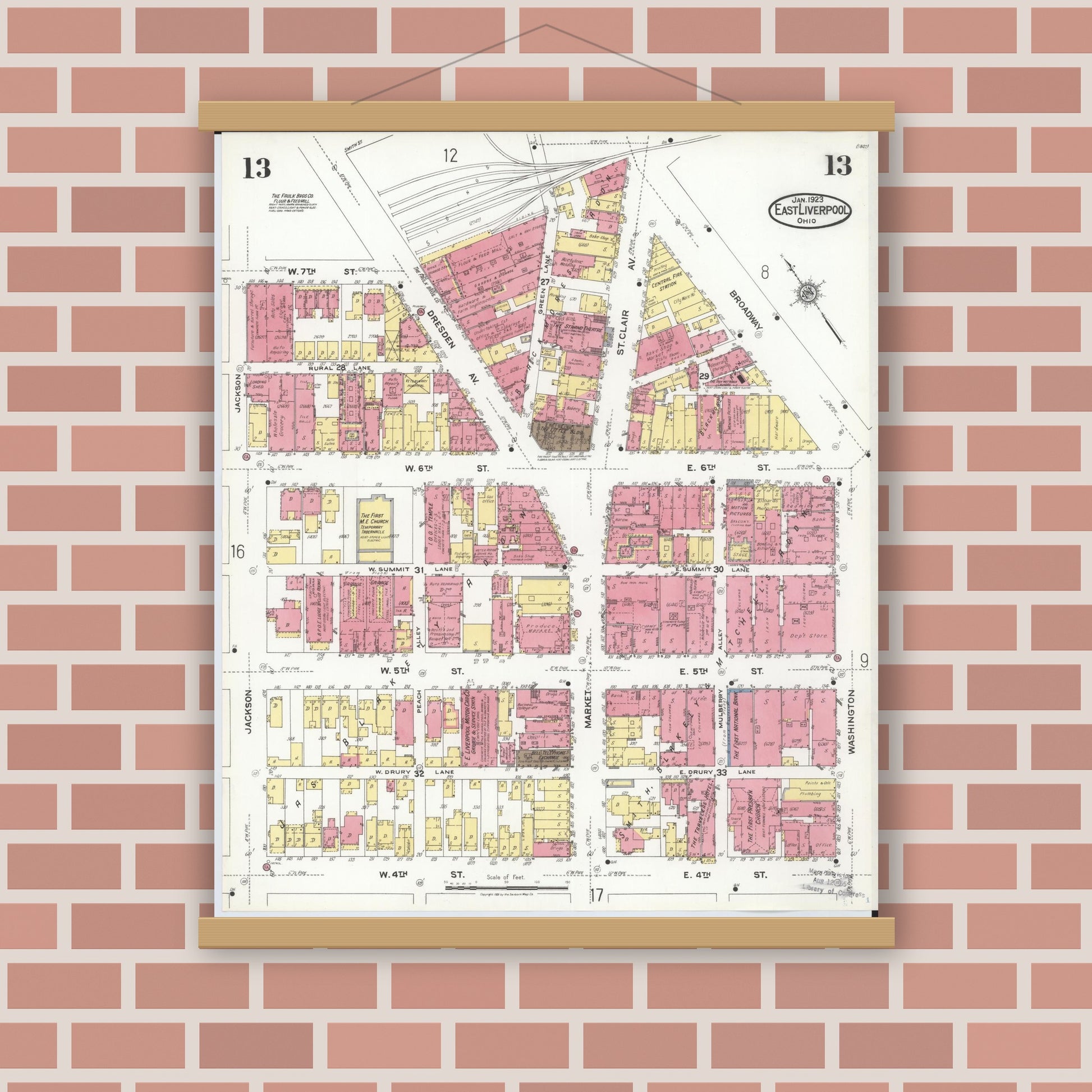 Old map wall art mockup — magnetic wood frame on brick wall — Sanborn Fire Insurance Map from East Liverpool, Columbiana County, Ohio (1923), Sheet #0013