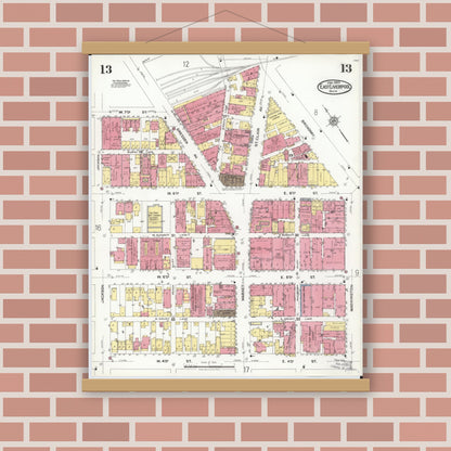 Old map wall art mockup — magnetic wood frame on brick wall — Sanborn Fire Insurance Map from East Liverpool, Columbiana County, Ohio (1923), Sheet #0013