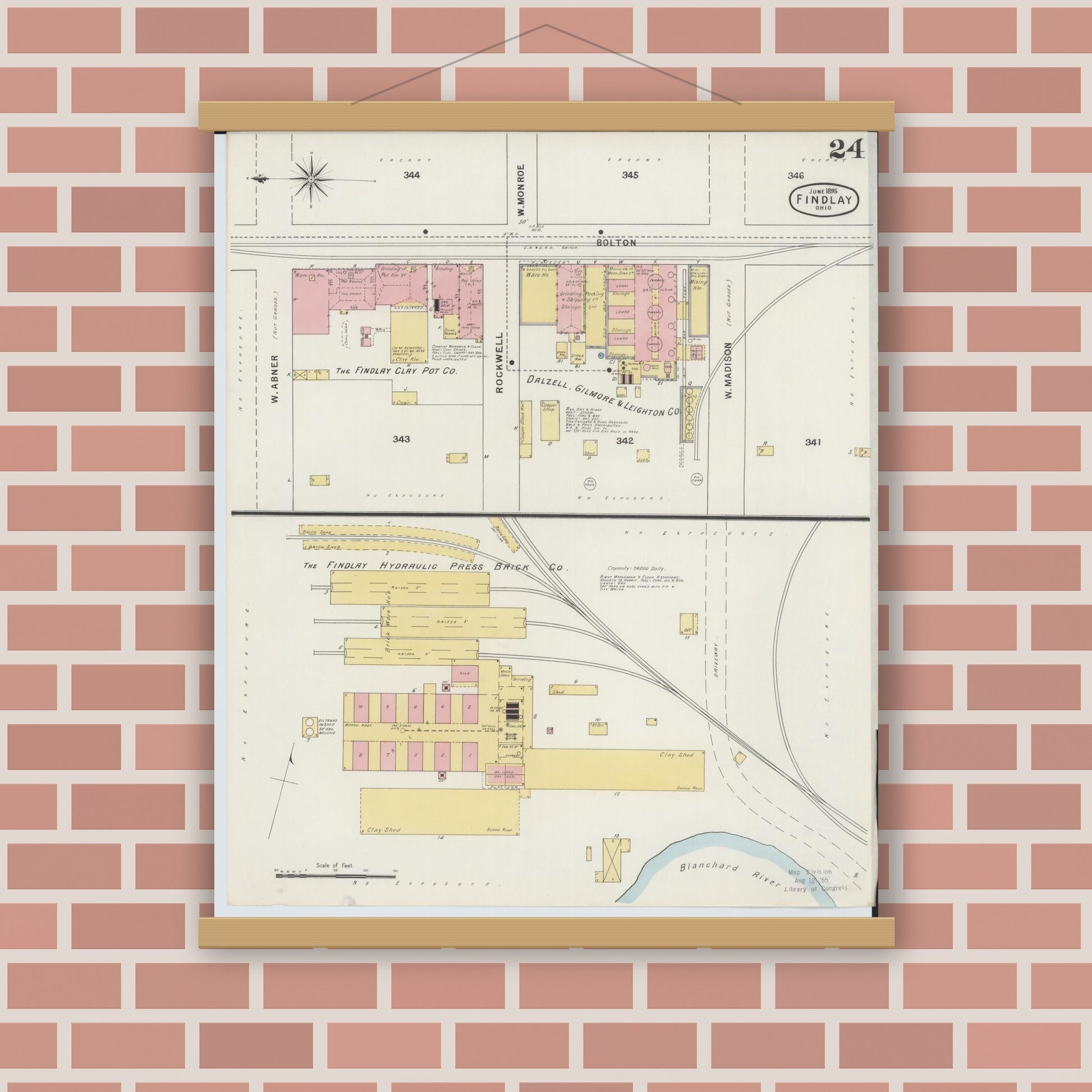 Old map wall art mockup — magnetic wood frame on brick wall — Sanborn Fire Insurance Map from Findlay, Hancock County, Ohio (1895), Sheet #0024