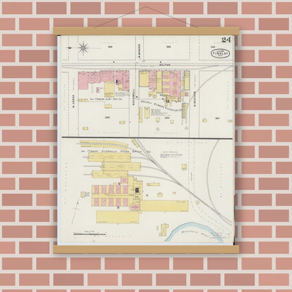 Old map wall art mockup — magnetic wood frame on brick wall — Sanborn Fire Insurance Map from Findlay, Hancock County, Ohio (1895), Sheet #0024