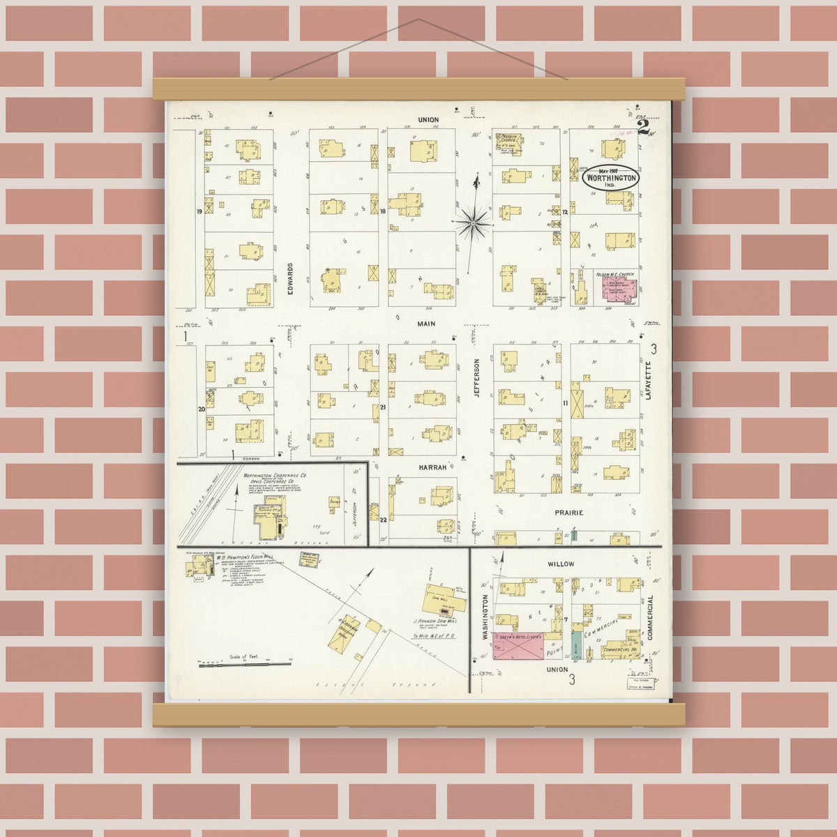 Old map wall art mockup — magnetic wood frame on brick wall — Sanborn Fire Insurance Map from Worthington, Greene County, Indiana (1907), Sheet #0002