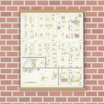 Old map wall art mockup — magnetic wood frame on brick wall — Sanborn Fire Insurance Map from Worthington, Greene County, Indiana (1907), Sheet #0002
