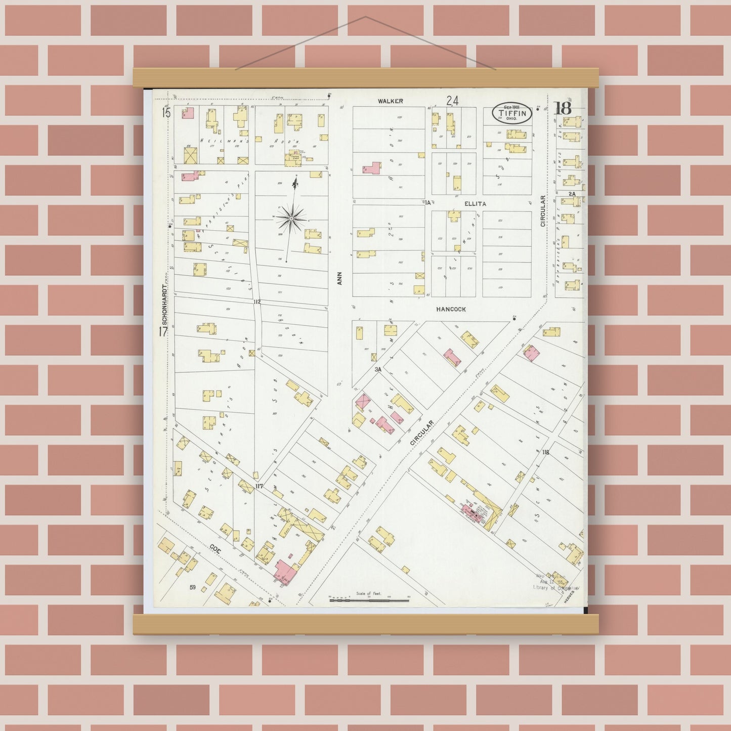 Old map wall art mockup — magnetic wood frame on brick wall — Sanborn Fire Insurance Map from Tiffin, Seneca County, Ohio (1901), Sheet #0018