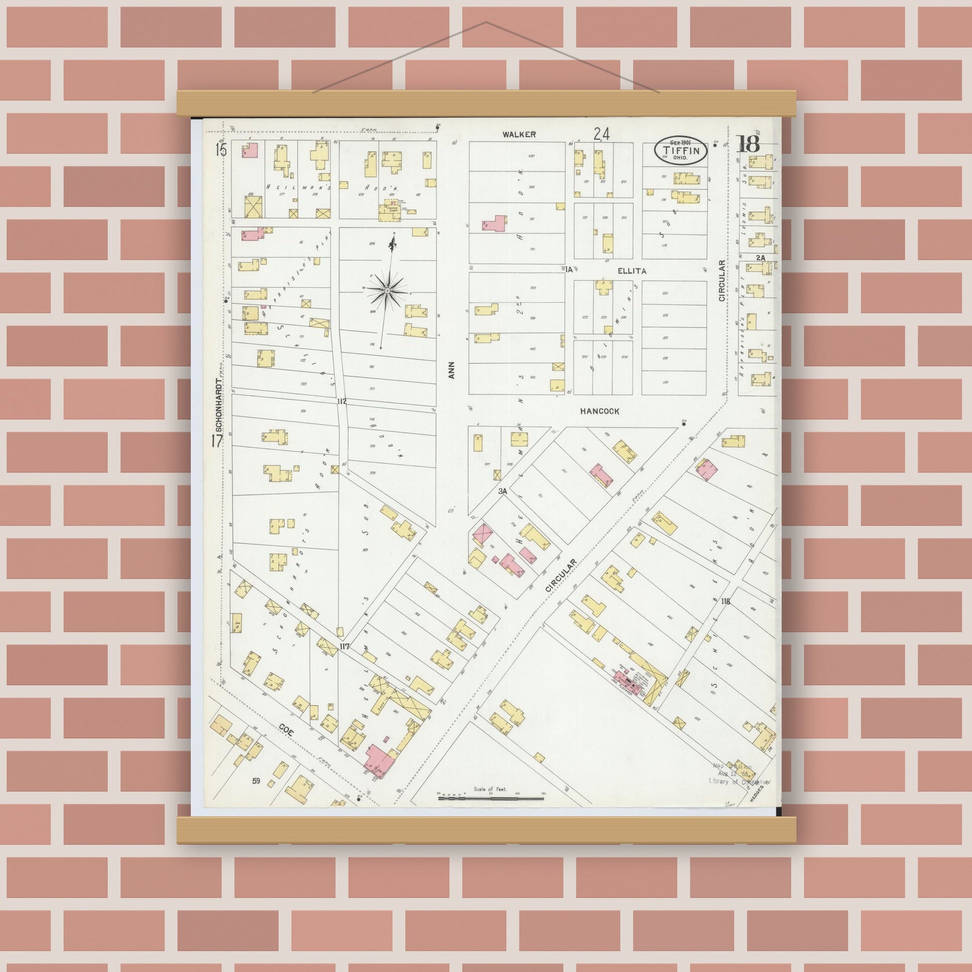 Old map wall art mockup — magnetic wood frame on brick wall — Sanborn Fire Insurance Map from Tiffin, Seneca County, Ohio (1901), Sheet #0018