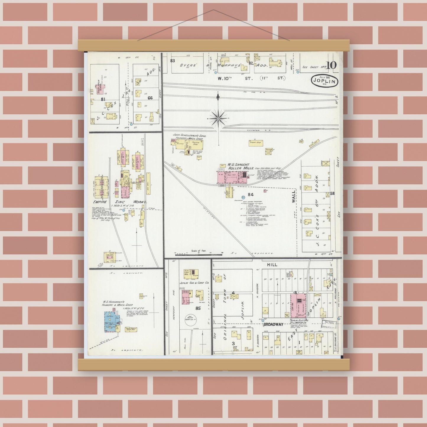 Old map wall art mockup — magnetic wood frame on brick wall — Sanborn Fire Insurance Map from Joplin, Jasper County, Missouri (1891), Sheet #0010