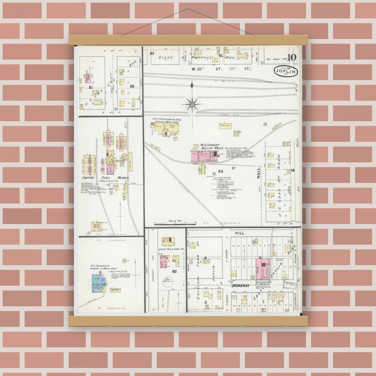 Old map wall art mockup — magnetic wood frame on brick wall — Sanborn Fire Insurance Map from Joplin, Jasper County, Missouri (1891), Sheet #0010