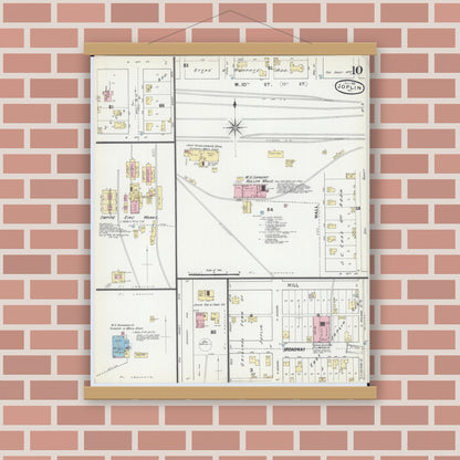 Old map wall art mockup — magnetic wood frame on brick wall — Sanborn Fire Insurance Map from Joplin, Jasper County, Missouri (1891), Sheet #0010