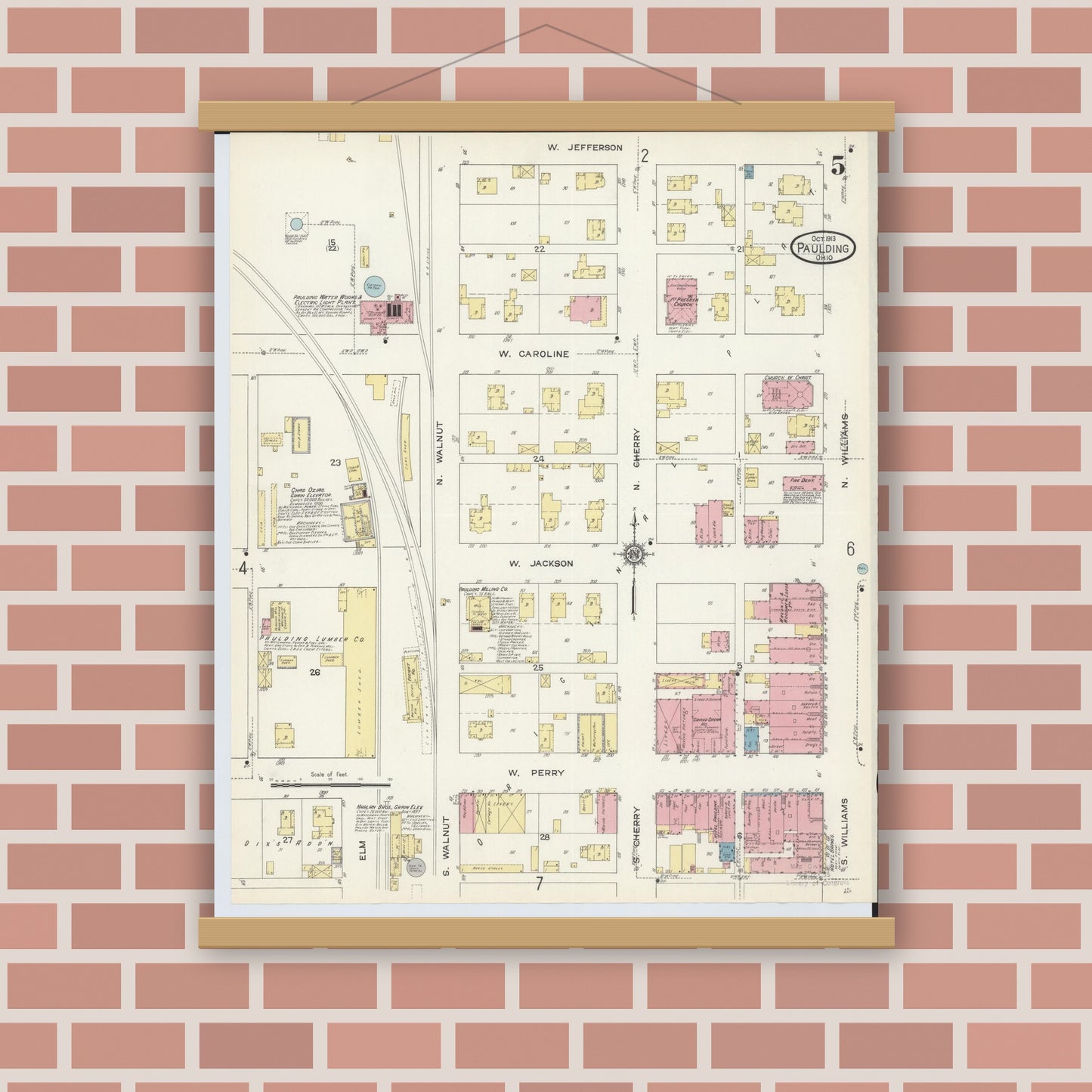 Old map wall art mockup — magnetic wood frame on brick wall — Sanborn Fire Insurance Map from Paulding, Paulding County, Ohio (1913), Sheet #0005