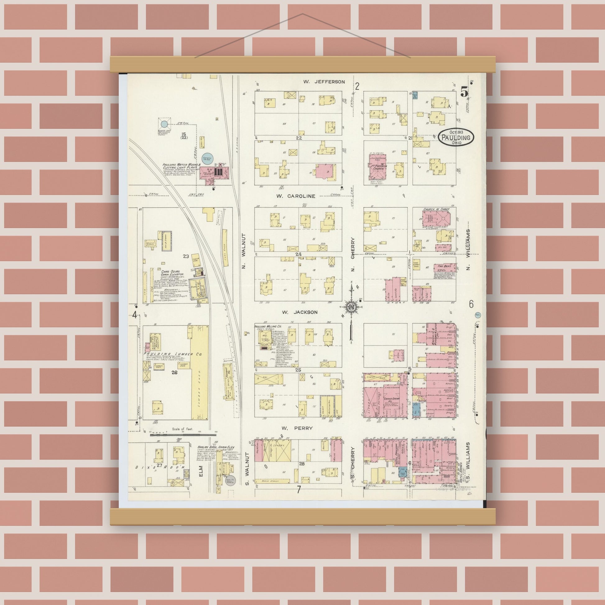 Old map wall art mockup — magnetic wood frame on brick wall — Sanborn Fire Insurance Map from Paulding, Paulding County, Ohio (1913), Sheet #0005