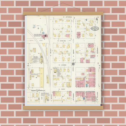 Old map wall art mockup — magnetic wood frame on brick wall — Sanborn Fire Insurance Map from Paulding, Paulding County, Ohio (1913), Sheet #0005