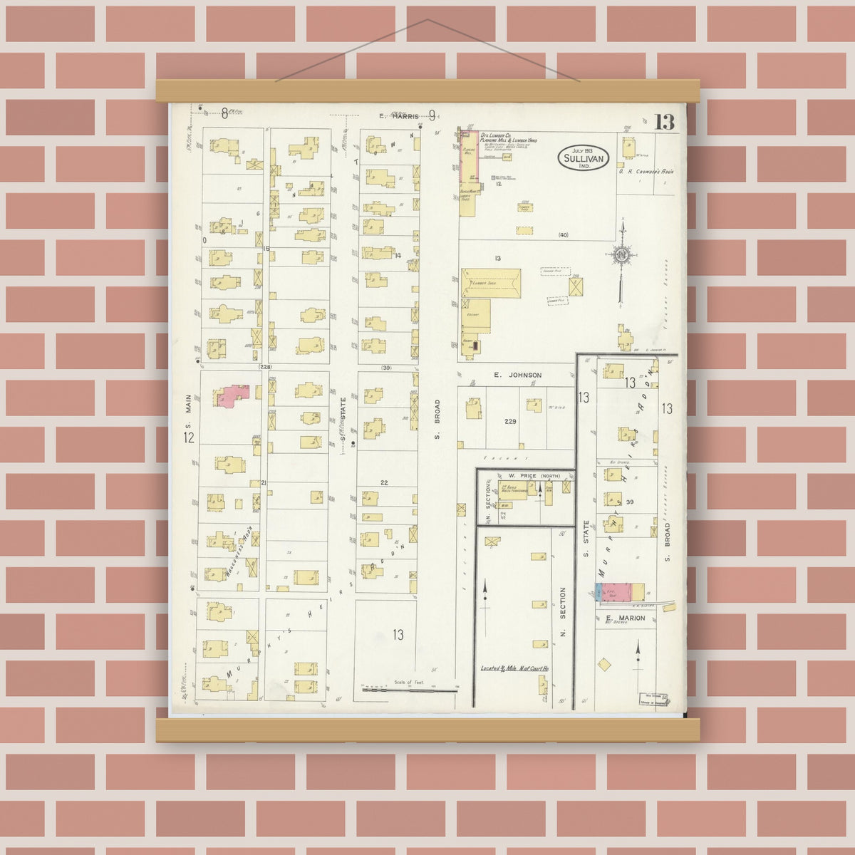 Old map wall art mockup — magnetic wood frame on brick wall — Sanborn Fire Insurance Map from Sullivan, Sullivan County, Indiana (1913), Sheet #0013