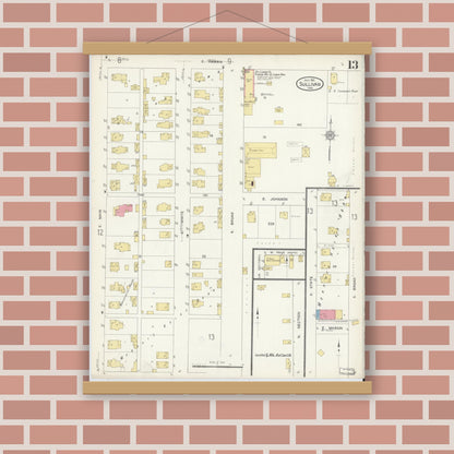 Old map wall art mockup — magnetic wood frame on brick wall — Sanborn Fire Insurance Map from Sullivan, Sullivan County, Indiana (1913), Sheet #0013