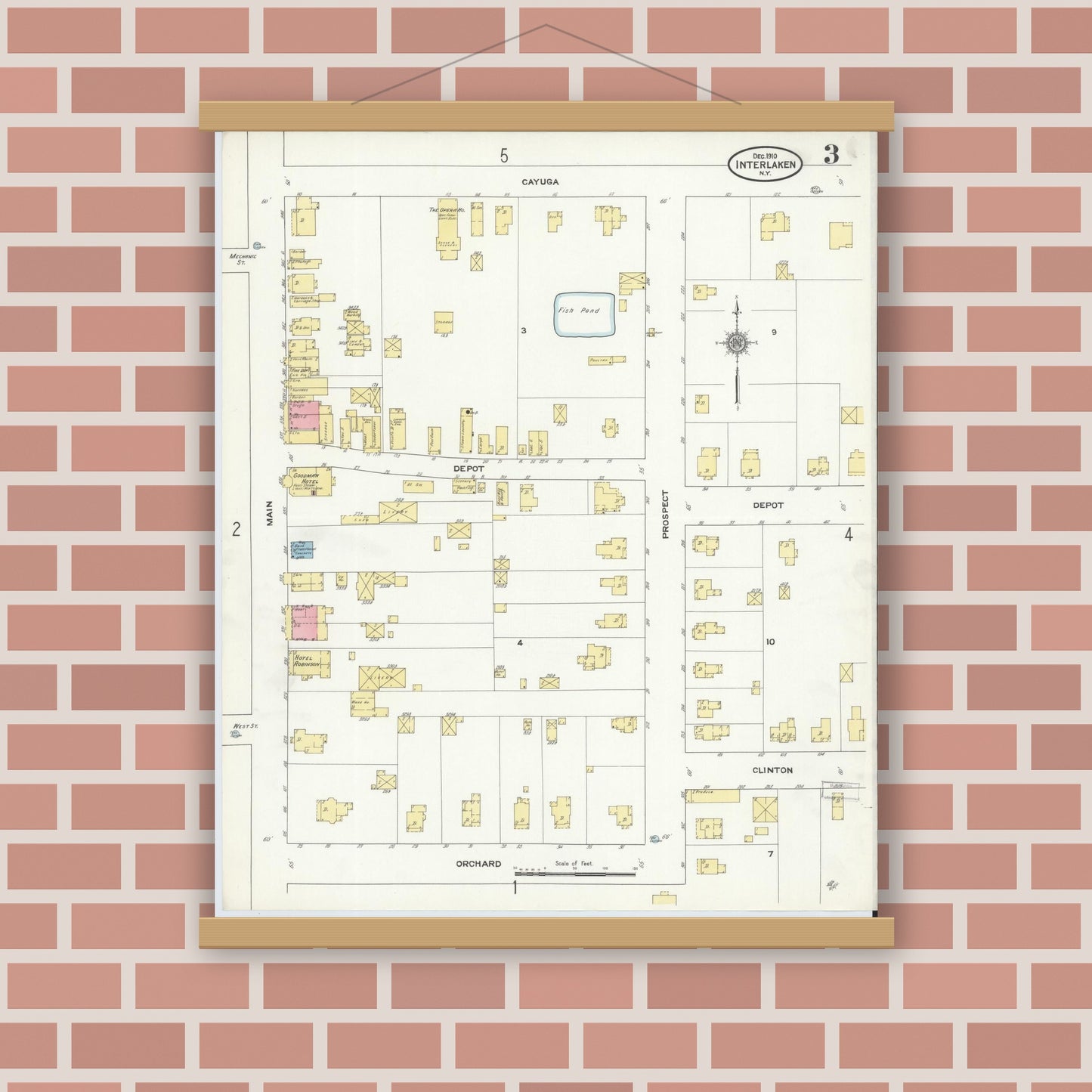 Old map wall art mockup — magnetic wood frame on brick wall — Sanborn Fire Insurance Map from Interlaken, Seneca County, New York (1910), Sheet #0003