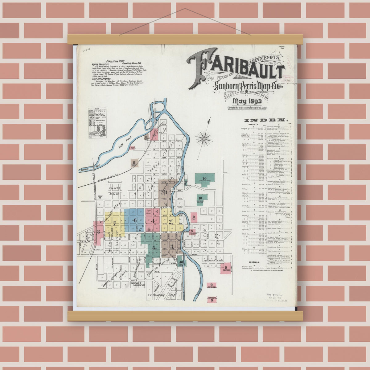 Old map wall art mockup — magnetic wood frame on brick wall — Sanborn Fire Insurance Map from Faribault, Rice County, Minnesota (1893), Sheet #0001