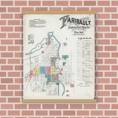 Old map wall art mockup — magnetic wood frame on brick wall — Sanborn Fire Insurance Map from Faribault, Rice County, Minnesota (1893), Sheet #0001