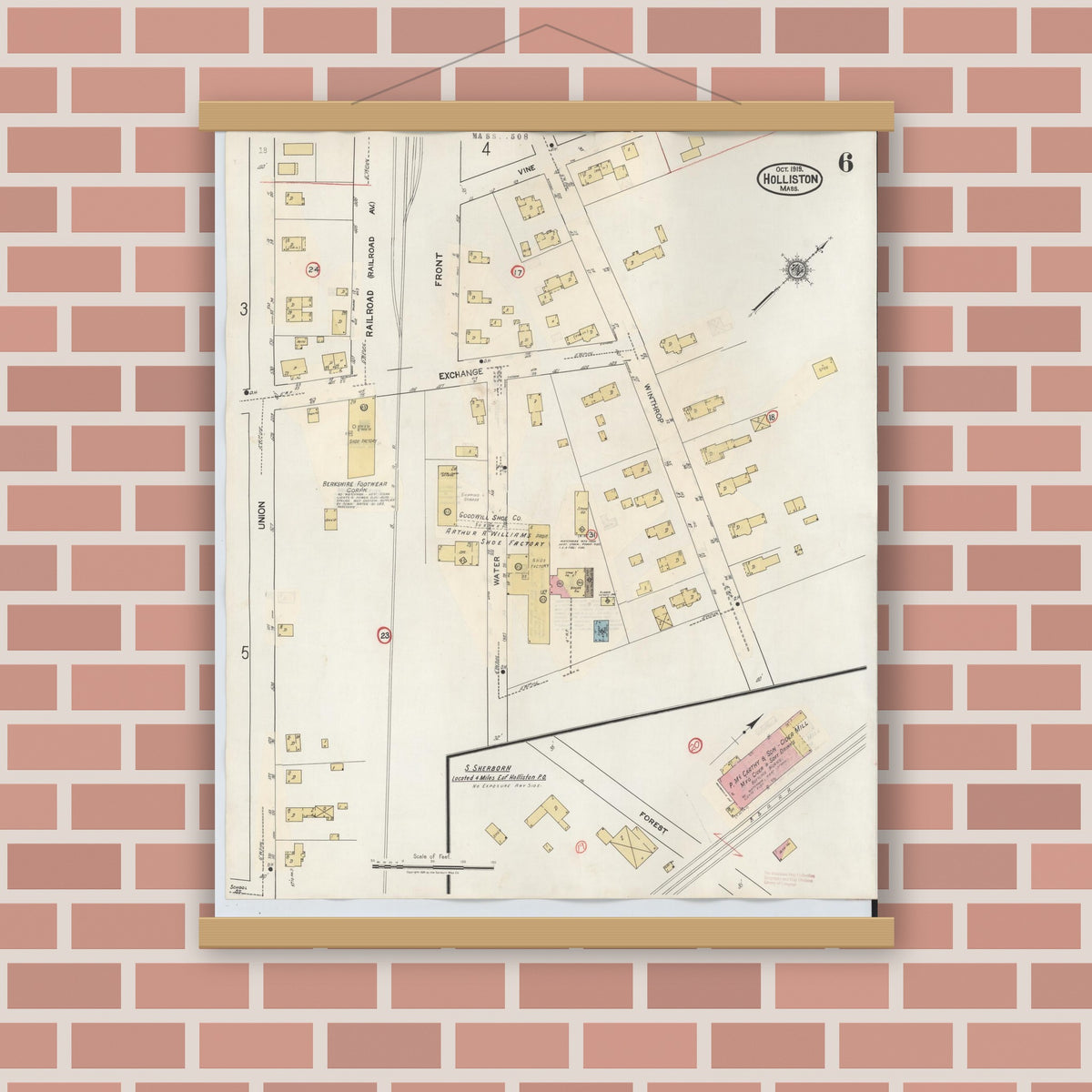 Old map wall art mockup — magnetic wood frame on brick wall — Sanborn Fire Insurance Map from Holliston, Middlesex County, Massachusetts (1942), Sheet #0006