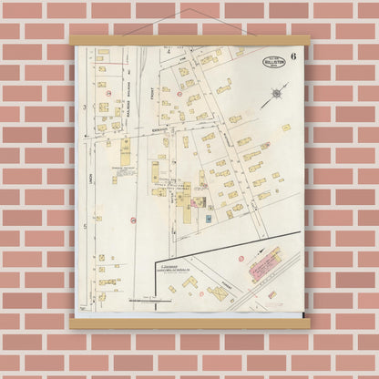 Old map wall art mockup — magnetic wood frame on brick wall — Sanborn Fire Insurance Map from Holliston, Middlesex County, Massachusetts (1942), Sheet #0006