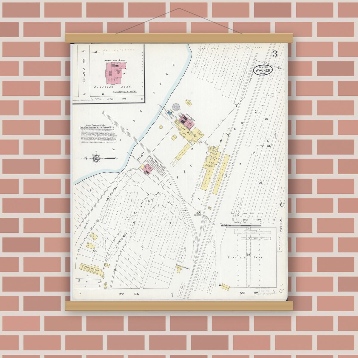 Old map wall art mockup — magnetic wood frame on brick wall — Sanborn Fire Insurance Map from Walker, Cass County, Minnesota (1914), Sheet #0003
